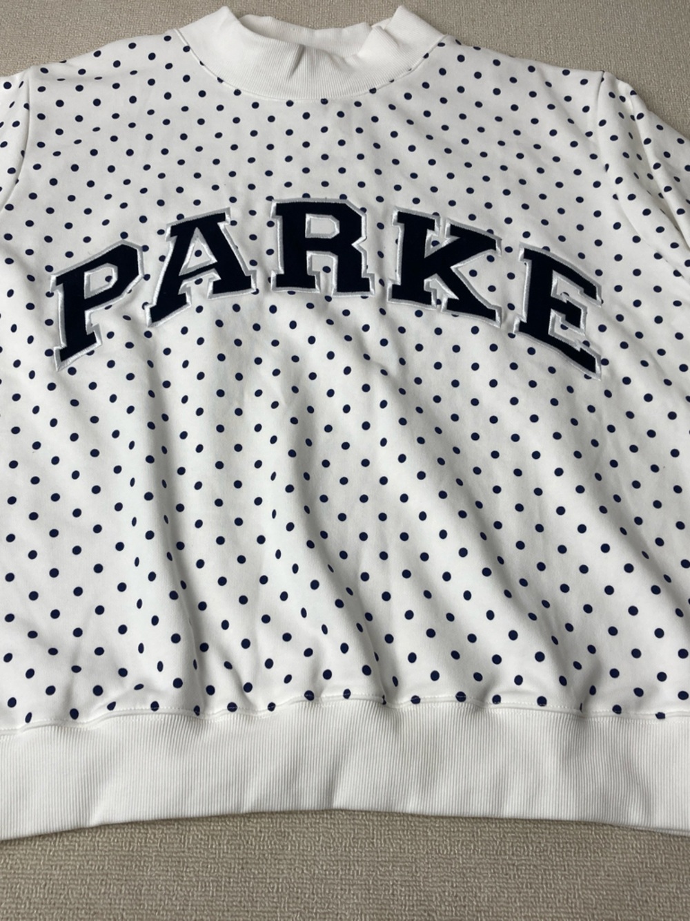 Parker White Polka Dot Pullover Sweatshirt with Navy Applique